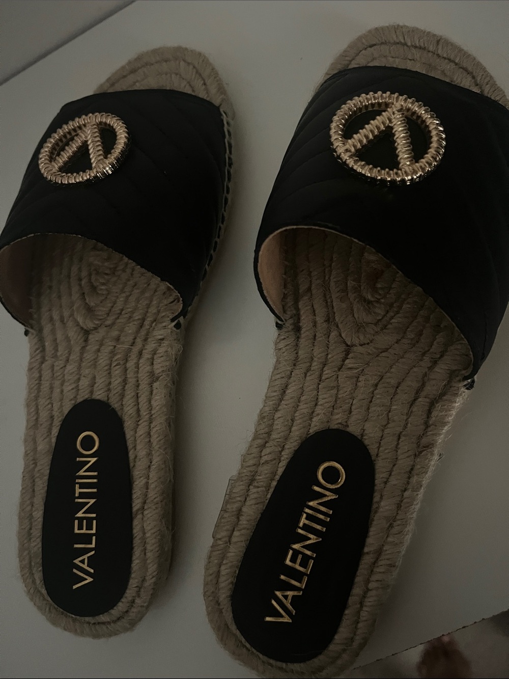Valentino Size 38 Women’s Black Quilted Slide Sandals with Gold Emblem